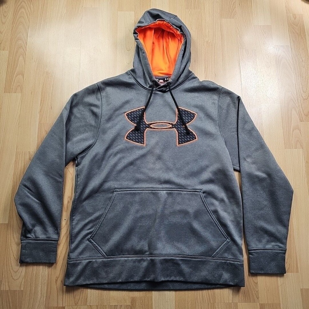 Under Armour Storm Hoodie Mens Medium Grey Orange Logo Pullover‎ Sweatshirt
